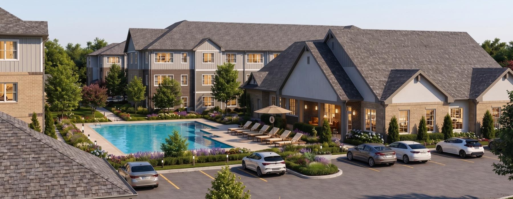 a large building with a swimming pool