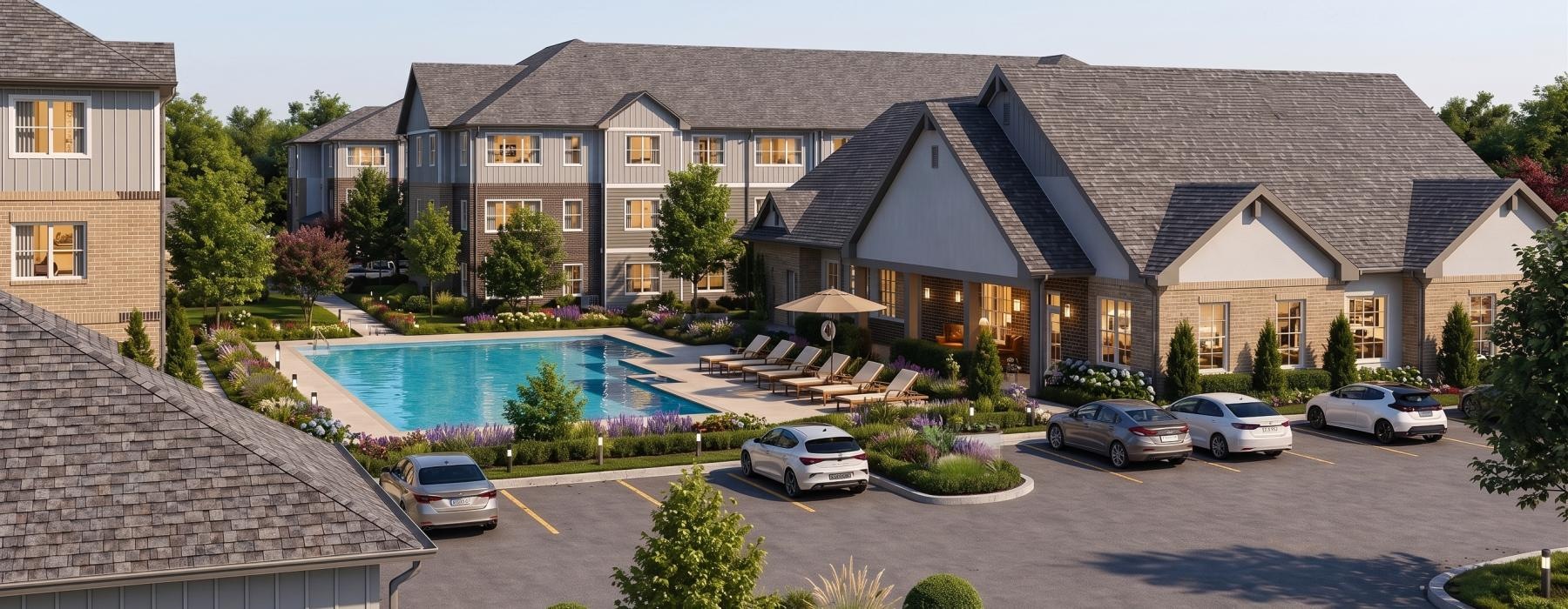 a large building with a swimming pool
