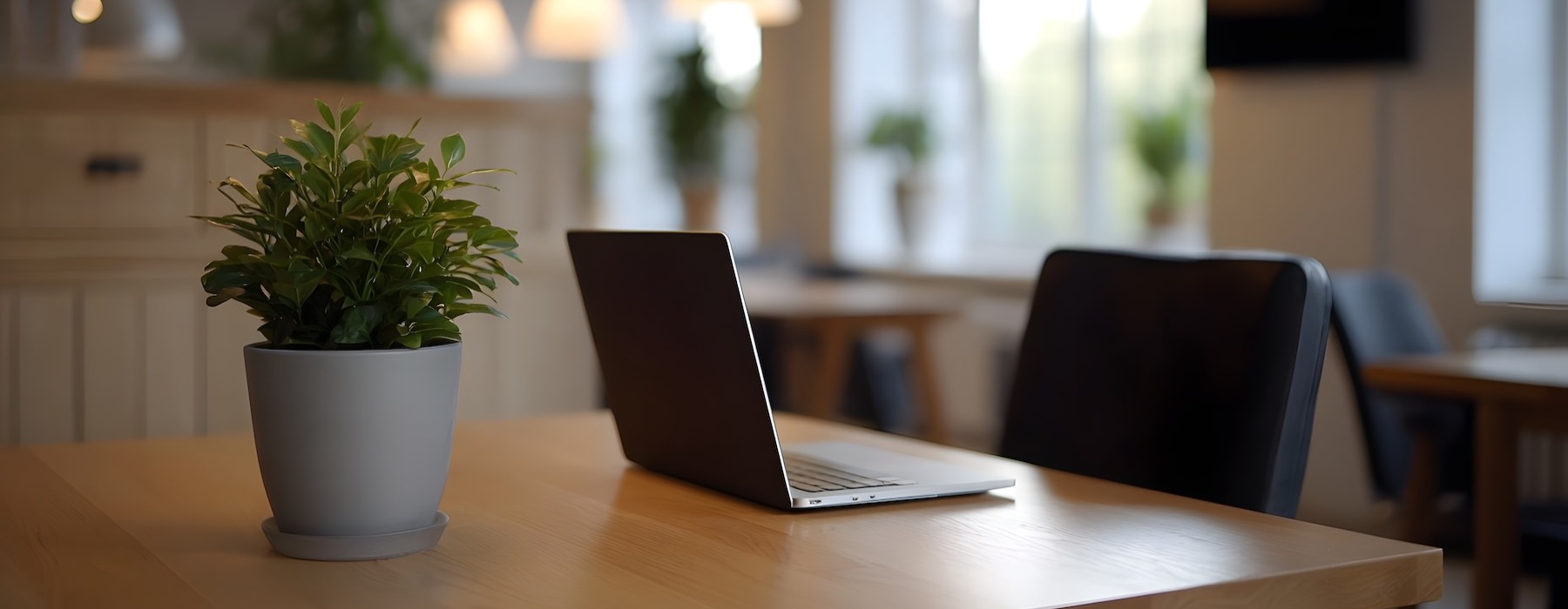 a table with a plant, computer and chair