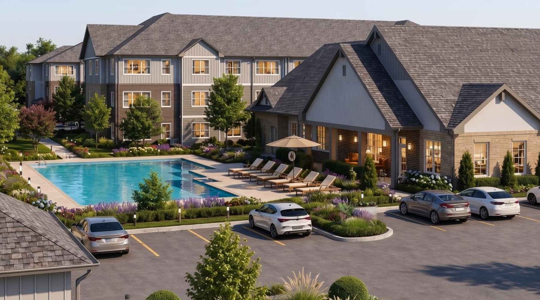 a large building with a swimming pool