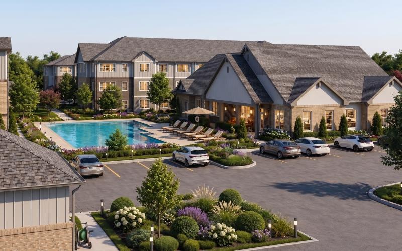 a large building with a swimming pool